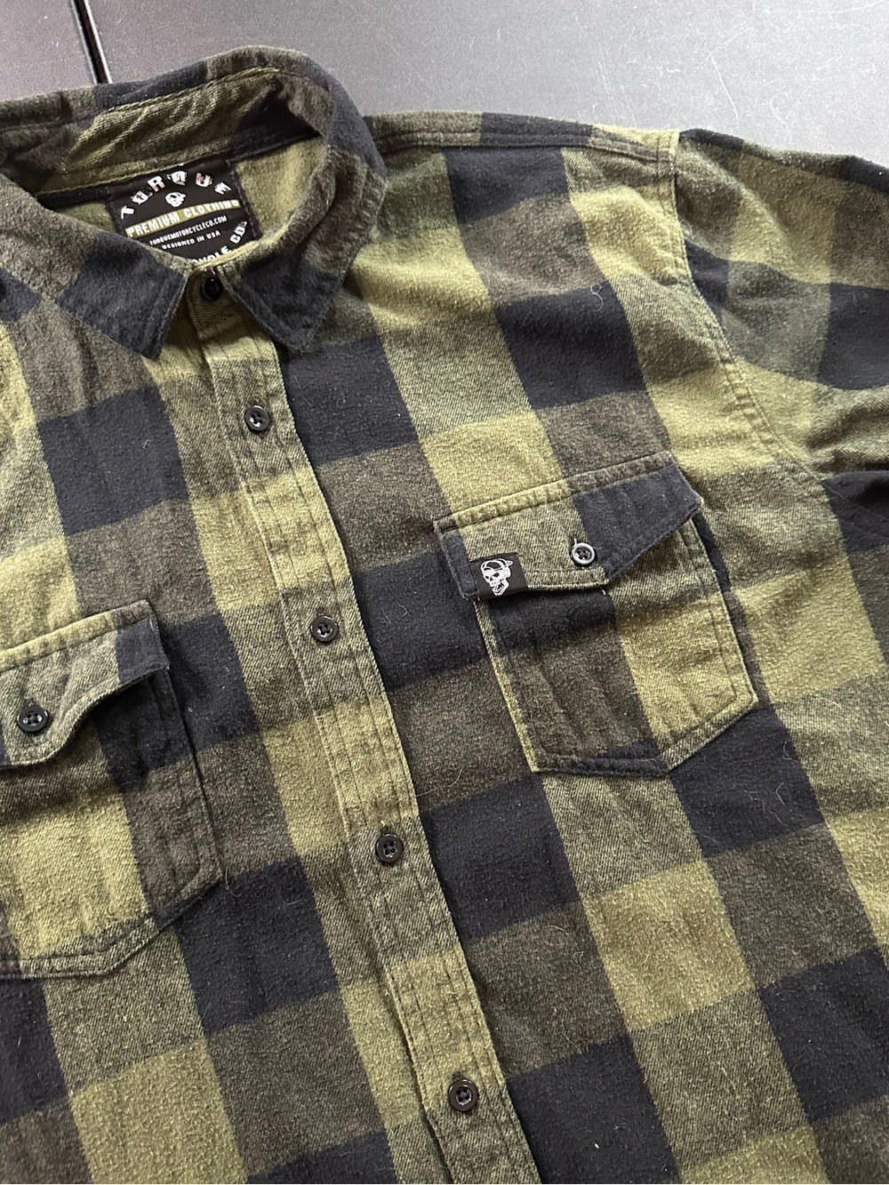 Torque motorcycle Men's Olive & Black Plaid Flannel Shirt